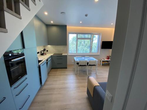 a kitchen and living room with a table and a dining room at Urbas Sea view apartments in Nida