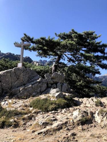 a cross on top of a hill with a tree at Appartement les pieds dans l'eau in Solaro