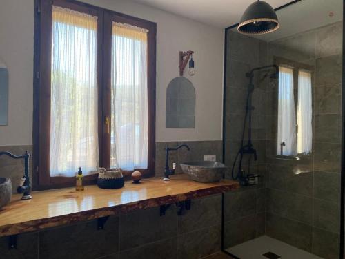 a bathroom with a shower and a counter with a sink at CASA NATURAE in Pineda de la Sierra