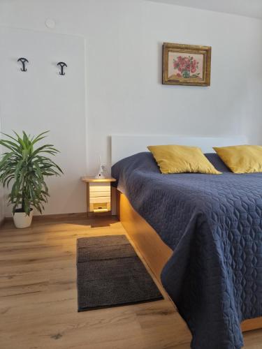 1 dormitorio con 2 camas y una maceta en Medeni Apartma, en Pivka