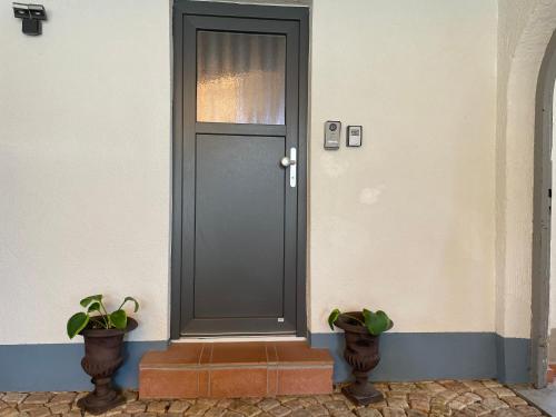 a black door on a house with two potted plants at Alpenpanorama in Weilheim in Oberbayern