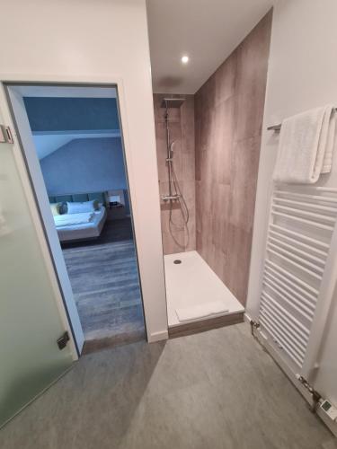 a bathroom with a shower and a walk in shower at Stadthotel Engel in Ettlingen
