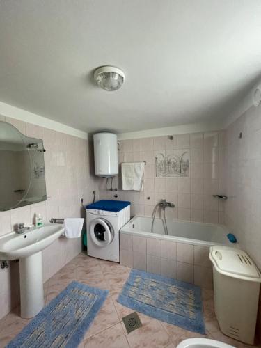 a bathroom with a sink and a washing machine at Apartment Benky Pican in Pićan