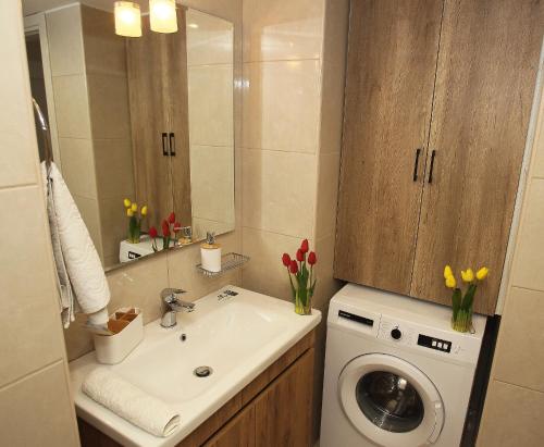 a bathroom with a sink and a washing machine at Central Luxury Flat 2 in Chios