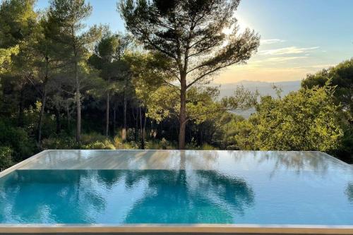 une piscine bleue avec des arbres en arrière-plan dans l'établissement Villa Bel Air, à Saint-Côme