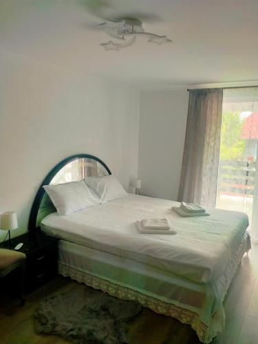 a bedroom with a large bed with a window at Maramureș plai cu flori in Ocna Şugatag