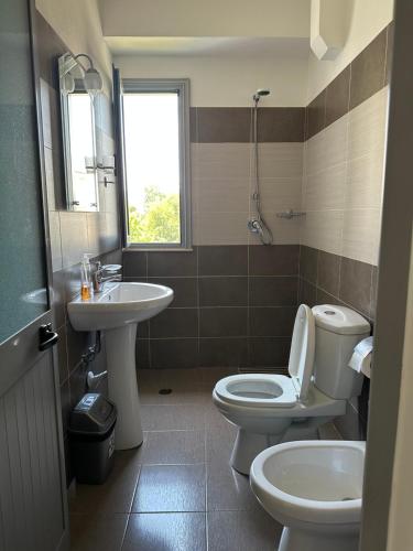 uma casa de banho com um WC e um lavatório em Horizonti Blu em Shëngjin