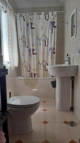 コニル・デ・ラ・フロンテーラにあるapto centrico Tirso de Molinaのバスルーム(トイレ、洗面台、シャワーカーテン付)