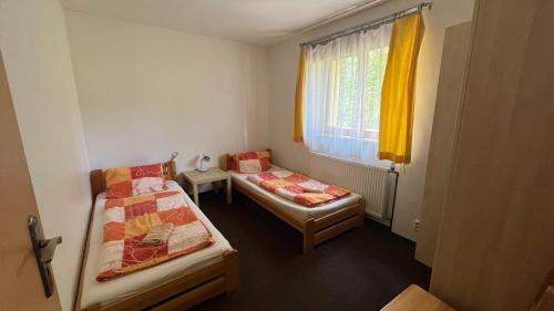 プラーシリにあるApartmány Prášily - Šumavaのベッド2台と窓が備わる小さな客室です。