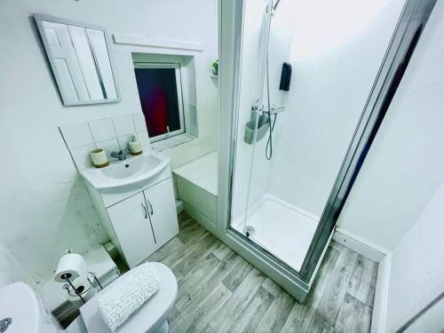 a bathroom with a shower and a toilet and a sink at Darlington City Flat in Darlington
