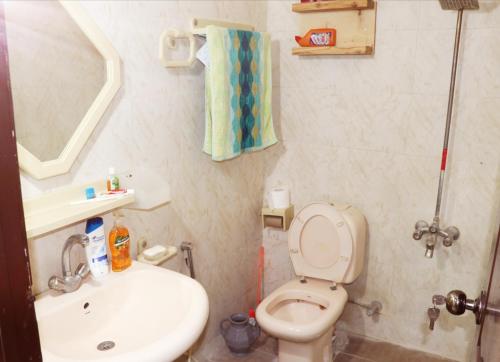 a small bathroom with a toilet and a sink at QB Elegant Villa with Valley View in Rawalpindi