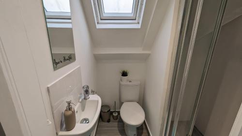 un piccolo bagno con servizi igienici e lavandino di Modern spacious apartment a Brighton & Hove