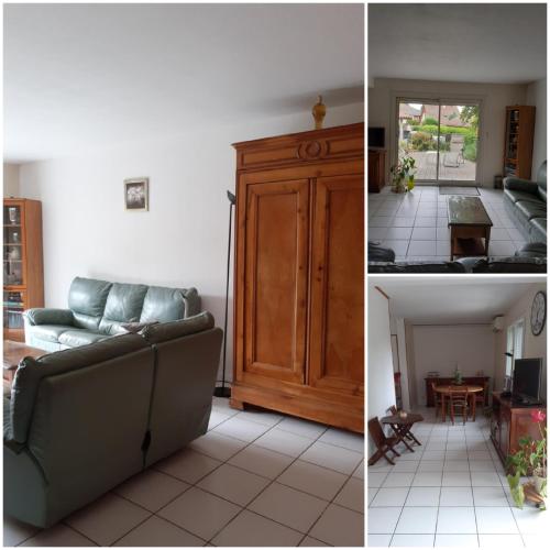 two pictures of a living room with a couch and a kitchen at Chambre coquelicots chaleureuse dans un écrin verdoyant 
