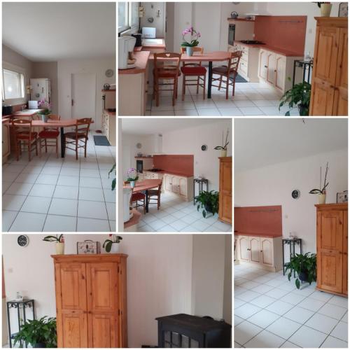 a collage of photos of a kitchen and a dining room at Chambre coquelicots chaleureuse dans un écrin verdoyant 