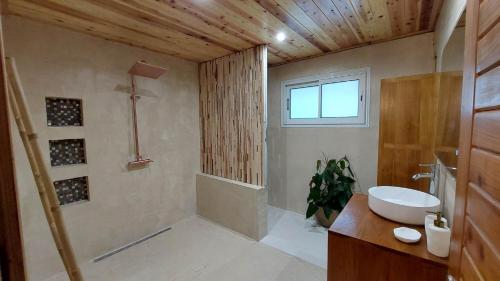 a bathroom with a tub and a sink and a window at Villa Ananda in Cilaos