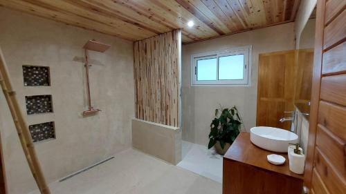 a bathroom with a sink and a toilet and a window at Villa Ananda in Cilaos