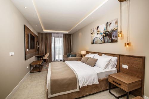 1 dormitorio con 1 cama grande y 1 sofá en Montenegro Lodge en Tivat
