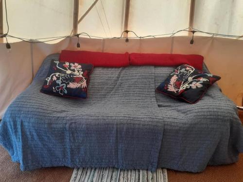 een slaapkamer met een bed met 2 kussens erop bij Hawk's View Tipi at Higher Hawksland Farm in Saint Issey