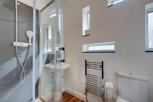 a bathroom with a shower and a sink and a toilet at The Long Hall 2 bed ground floor annexed apartment - sleeps 6 in Chesterfield