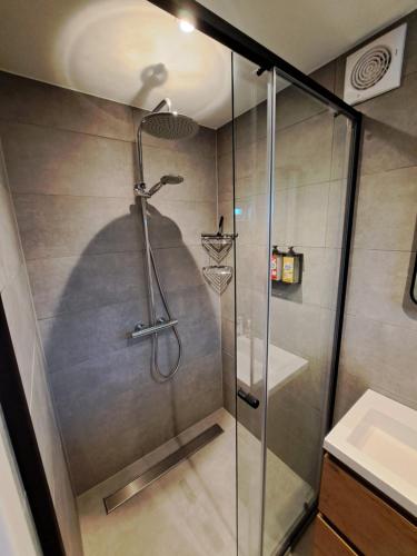 een douche met een glazen deur in de badkamer bij B&B De Oase in Bergambacht