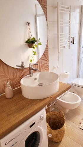 La salle de bains est pourvue d'un lavabo et d'un lave-linge. dans l'établissement MARÈ Terracina Apartments, à Terracine