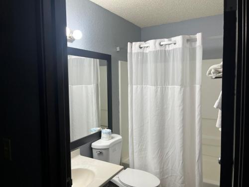 白廳的住宿－Rodeway Inn，浴室配有白色的浴帘和卫生间