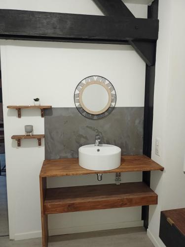a bathroom sink with a mirror on a wooden counter at Appart nuitée (24h du Mans) in Noyen-sur-Sarthe