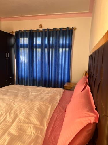 a bedroom with a bed with a blue curtain at Sky Land guest house in Leh