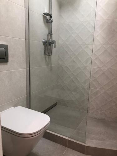 a shower stall with a toilet in a bathroom at Mieszkanie na Słupskiej in Ustka