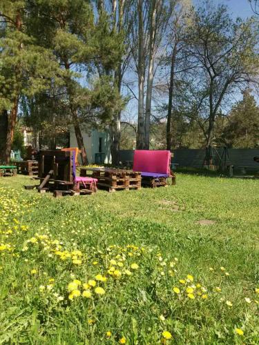 a park with chairs and flowers in the grass at N&R Rest House in Tsaghkadzor