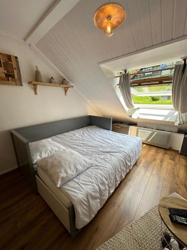1 dormitorio con 1 cama grande y ventana en Beau studio la campagnarde, en Métabief