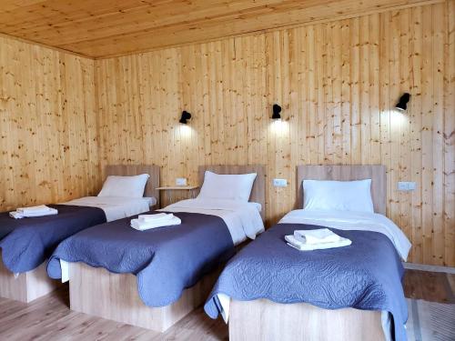 two beds in a room with wooden walls at Cozy apartament in Kazbegi