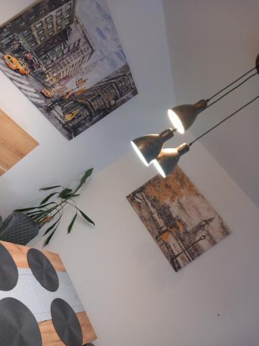 a living room with a lamp and pictures on the wall at Apartmani Djuric Center in Subotica