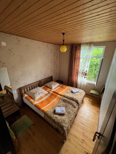 a bedroom with two beds in a room with a window at Barbara's Eco-Cozy GuestHouse in Mestia