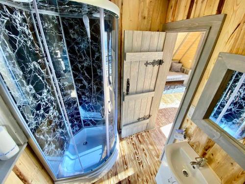 ein Bad mit einer Dusche, einem Waschbecken und einem Spiegel in der Unterkunft Файна хата 3 in Synewyrska Poljana
