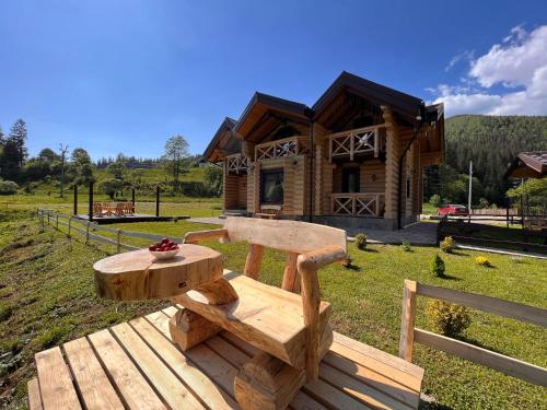 una cabaña de madera con una mesa de picnic delante de ella en BerBen House, en Vorokhta