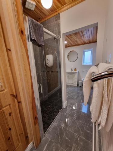 ein Bad mit einer ebenerdigen Dusche und einer Duschkabine aus Glas in der Unterkunft Vimy House in Clifden