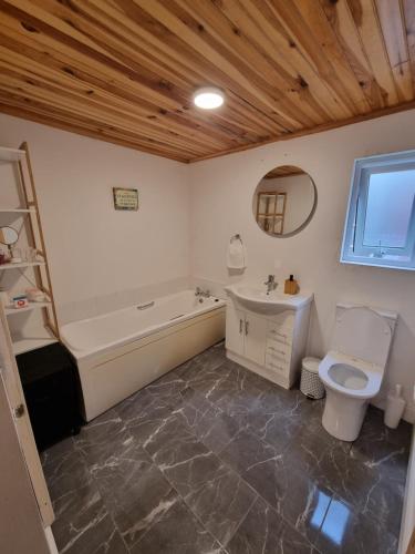 a bathroom with a tub and a toilet and a sink at Vimy House in Clifden