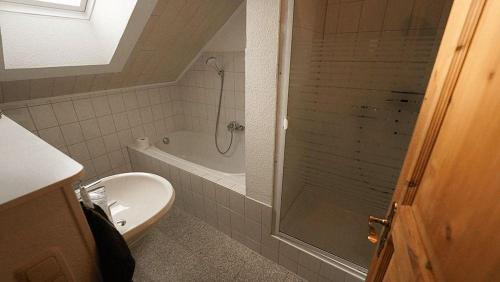 a bathroom with a shower and a toilet and a sink at Ferienwohnung Selent Familie Sikora in Selent