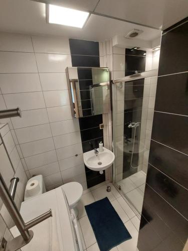 a bathroom with a shower and a toilet and a sink at Mieszkanie Balticana in Władysławowo