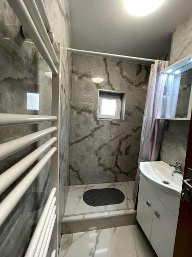 La petite salle de bains est pourvue d'une douche et d'un lavabo. dans l'établissement Julia Apartament, à Zalău