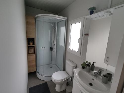 a bathroom with a shower and a toilet and a sink at Mobile homes PIA RITA in Pakoštane