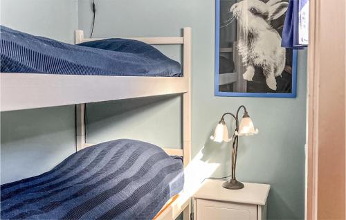 Cette chambre comprend des lits superposés avec une lampe et un chat. dans l'établissement Awesome Home In Kolmrden With House Sea View, à Kolmården