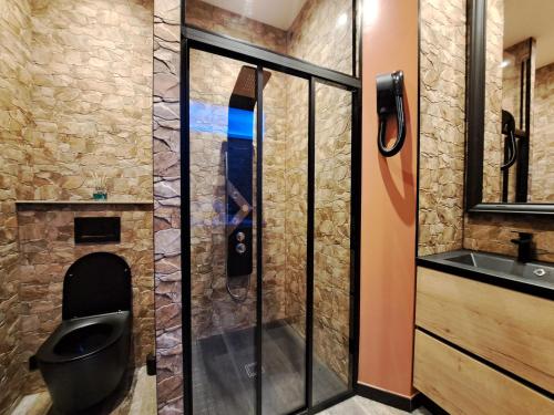 Un baño con ducha, inodoro y lavabo. en Ospaloft, meublé haut de gamme avec spa privatif, en Arras