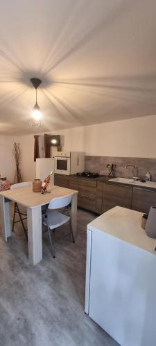 une grande cuisine avec une table et un évier dans l'établissement Studio en camargue, à Arles