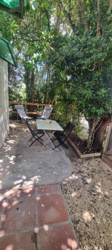 - une table de pique-nique et des chaises sur une terrasse arborée dans l'établissement Studio en camargue, à Arles