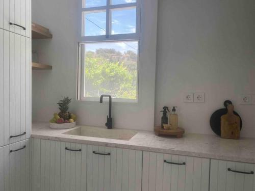 um balcão de cozinha com um lavatório e uma janela em The Bower - Volos FREE DIVING LESSON em Marathos