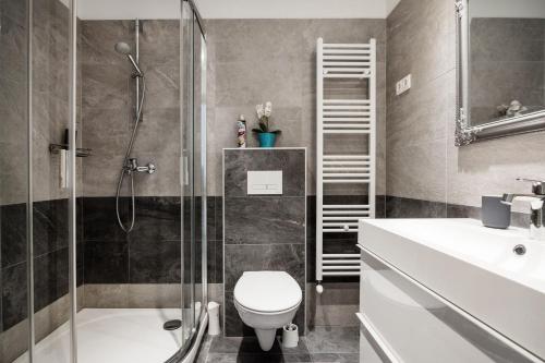 a bathroom with a shower and a toilet and a sink at Elegant Studio in Central Budapest in Budapest