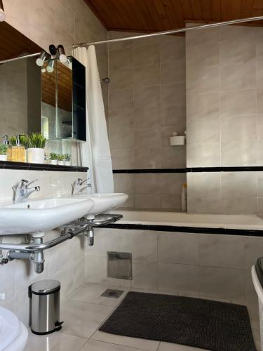 łazienka z 2 umywalkami i wanną w obiekcie Apartment in Ljubljana w Lublanie