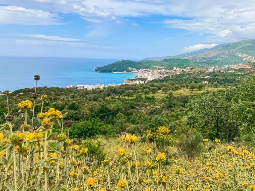 a field of flowers with a view of the ocean at ELÉA Guesthouse himare in Himare